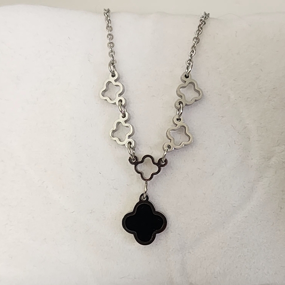 Silver Stainless Steel and Black Quatrefoil Flower Clover Necklace Earring Set - Picture 4 of 11